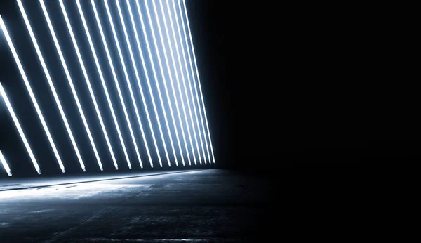 Neon Parlayan Mavi Işıklar Fütüristik Arkaplan. Beton Döşemeli ve Yansımalı Boş Karanlık Oda 'da Parlayan Renkler. Soyut Gelecek Bilim Kurgu Konsepti. 3B Resim Hazırlama