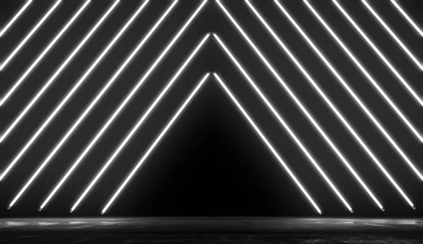 ネオン輝く光未来的な背景 コンクリートの床と反射と空の暗い部屋で白い色のライン 3Dレンダリングイラスト — ストック写真