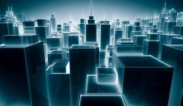 Abstrakcyjny Futurystyczny Pejzaż Miasta Neonem Świecącym Jasnobiałym Kolorem Niebiesko Koncepcja — Zdjęcie stockowe