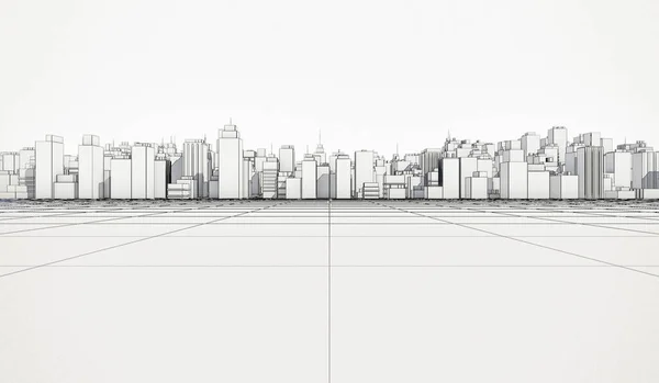 Weiße Stadtlandschaft Mit Drahtgebundenem Linienhintergrund Viele Gebäude Rendering Illustration — Stockfoto