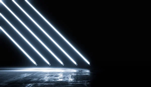 Neon Parlayan Mavi Işıklar Fütüristik Arkaplan. Beton Döşemeli ve Yansımalı Boş Karanlık Oda 'da Parlayan Renkler. Soyut Gelecek Bilim Kurgu Konsepti. 3B Resim Hazırlama