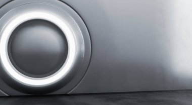 Beton zeminli gümüş metalik modern sergi elementinin soyut iç tasarımı. Boş Gelecek 3B Hazırlama Arkaplanı.