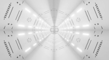 Parlak ışık arkaplanı olan soyut beyaz tünel. Geleceğin uzay gemisi koridoru. Dahili bilim kurgu konsept tasarımı. 3B Hazırlama.