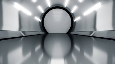 Fütürist tünel. Geleceğin iç mimarisi, bilim kurgu konsepti. 3d oluşturma.