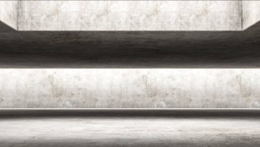 Zarif, berrak beton zemin ve doğa ışığı olan büyük, boş bir duvar. İç mekan konsepti. Modern şehir tarzı. 3B görüntüleme.