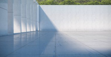 Boş beton duvarın soyut arkaplanı ve zemin ağaçlarla kaplı, modern güneş ışığı ve mavi Gökyüzü Sahnesi, 3D görüntüleme.
