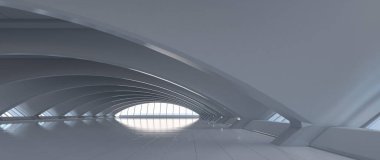 Fütürist eğri tüneli. Uzun koridor manzarası. Gelecekteki modern arka plan konsepti. Soyut iç tasarım. 3B görüntüleme.
