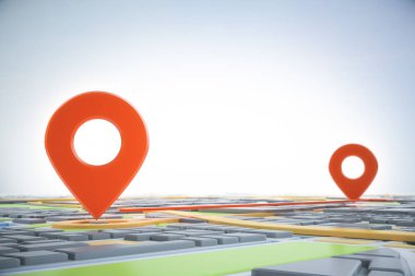 3D şehir haritası ve navigatör pimi. Navigasyon, konum rotası, seyahat ve turizm planlama konsepti. 3B illüstrasyon.