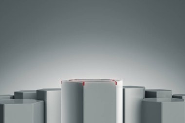 Zarif Blank ürün standı ışık ve ışıltıyla. Altıgen dizayn platformu. Göstermek için kaldırım taşı. Gelecekçi kavram geçmişi. 3B görüntüleme