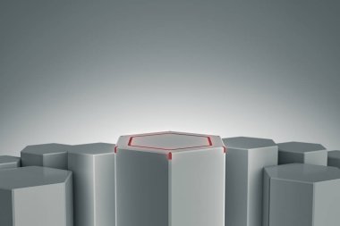 Zarif Blank ürün standı ışık ve ışıltıyla. Altıgen dizayn platformu. Göstermek için kaldırım taşı. Gelecekçi kavram geçmişi. 3B görüntüleme