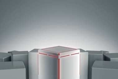 Zarif Blank ürün standı ışık ve ışıltıyla. Tasarım için küp platformu. Göstermek için kaldırım taşı. Gelecekçi kavram geçmişi. 3B görüntüleme