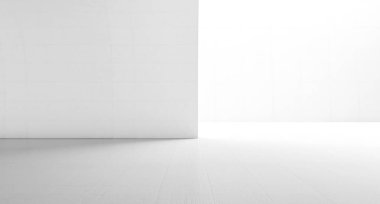 Kavis duvarlı soyut beyaz boşluk. Zemini olan modern boş sergi salonu. Gelecekteki konsept geçmişi. 3d oluşturma.