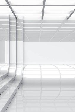 Işık ve yansıması olan soyut beyaz fon. Modern uzay sergi salonu konseptini vurguluyor. 3d oluşturma