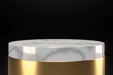 Minimum beyaz mermer silindir daire şeklindeki kaide podyumu. Yuvarlak altın sahne platformu siyah arka planda. Lüks, basit, temiz tasarım. 3d oluşturma.