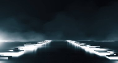 Şebeke çizgisi arkaplanlı zarif fütürist ışık ve yansıma. Yerden parlayan bir kutu. 3B görüntüleme.