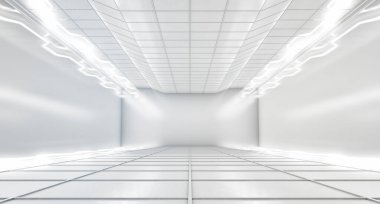 Modern Hi-Tech Boş Uzay Karanlık Odası Beyaz Renkli Parlak Işık Tüplü. Soyut Fütürist kavram geçmişi. 3B Resim Hazırlama
