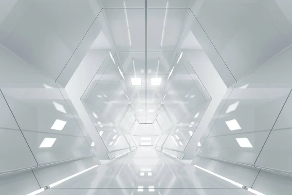Abstracte Zeshoek Ruimteschip Gang Futuristische Tunnel Met Licht Toekomstige Interieur — Stockfoto
