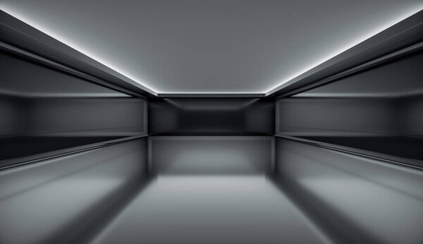 Современная футуристическая концепция фона с черным экраном. Пустой будущий чистый темный ящик внутренняя комната со светом. 3D рендеринг.