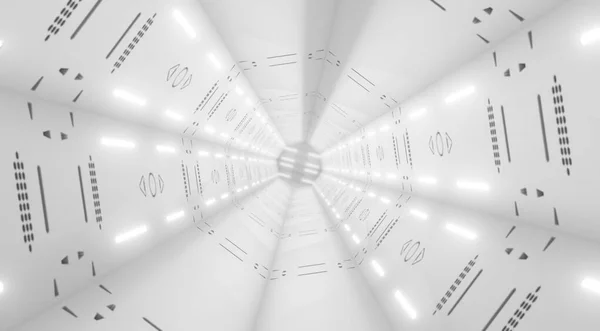 概要白色光を背景にした空のトンネル 未来の宇宙船の回廊 インテリアSf科学のコンセプトデザイン 3Dレンダリング — ストック写真