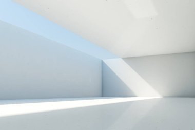 Açık tavan ve duvarlı soyut boş beton oda arkaplanı, 3D illüstrasyon.