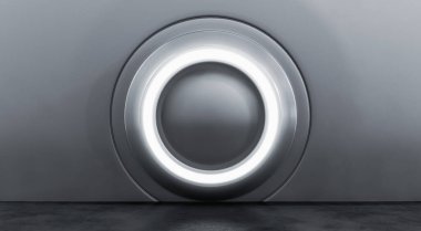 Beton zeminli gümüş metalik modern sergi elementinin soyut iç tasarımı. Boş Gelecek 3B Hazırlama Arkaplanı.