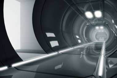 Soyut daire uzay gemisi koridoru. Işıklı geleceksel tünel. Geleceğin iç mimarisi, iş dünyası, bilim kurgu konsepti. 3d oluşturma