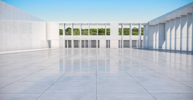 Boş beton duvarın soyut arkaplanı ve zemin ağaçlarla kaplı, modern güneş ışığı ve mavi Gökyüzü Sahnesi, 3D görüntüleme.
