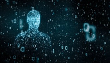 Numarası olan gelecekçi dijital parçacık insan yüzü. Gelecekteki yapay zeka teknolojisi konsepti. 3d oluşturma