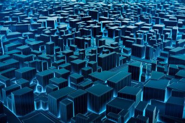 Soyut Fütürist Karanlık ve 3D şehir haritası, seyahat ve turizm gelecek teknoloji konsepti. 3B illüstrasyon.