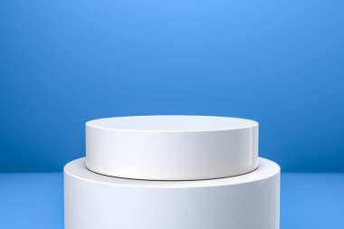 Yuvarlak ürün ekran podyumu. Mavi arka planda en az beyaz geometrik şekil sahnesi. 3d oluşturma.