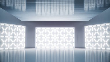 Duvarda parlayan neon ışıklar ve ürün yerleştirme için boş bir sahne arkası. 3B illüstrasyon.