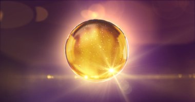 Koyu arka planda sarı renkli yağ damlası. Şeffaflık Sıvısı elementi. Cilt bakımı, güzellik, kozmetik, nemlendirici, otomobil, motor. 3B illüstrasyon