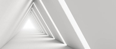 Boş Uzun Işık Koridoru. Modern beyaz arka plan. Geleceğin bilim kurgu üçgeni tüneli. 3B Hazırlama