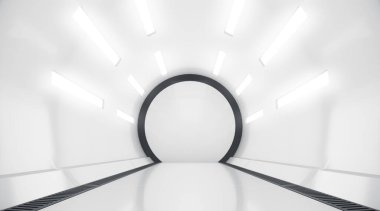 Fütürist tünel. Geleceğin iç mimarisi, bilim kurgu konsepti. 3d oluşturma.