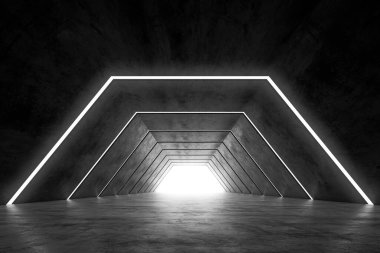 Soyut fütüristik karanlık koridor iç tasarımı. Işık arka planlı gelecek konsept tüneli. 3B görüntüleme.