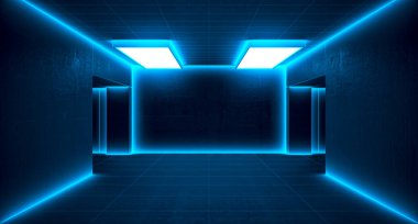 Soyut mavi neon ışıklar boş odada parlıyor. Grunge dokusu. Geleceğe yönelik bir geçmiş. 3d resimleme