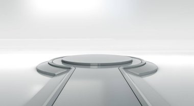 Boş sahneli fütüristik iç mekan. Modern boş platform Gelecek arka planı. Teknoloji bilim kurgu hi-fi konsepti. 3d oluşturma