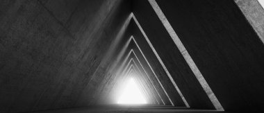 Boş Uzun Işık Koridoru. Modern beton arka plan. Geleceğin bilim kurgu üçgeni tüneli. 3B Hazırlama