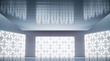 Duvarda parlayan neon ışıklar ve ürün yerleştirme için boş bir sahne arkası. 3B illüstrasyon.