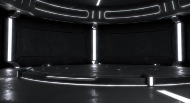 Boş sahneli fütüristik iç mekan. Modern Gelecek geçmişi. Teknoloji bilim kurgu hi-fi konsepti. 3d oluşturma