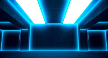 Soyut mavi neon ışıklar boş odada parlıyor. Grunge dokusu. Geleceğe yönelik bir geçmiş. 3d resimleme