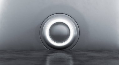 Beton zeminli gümüş metalik modern sergi elementinin soyut iç tasarımı. Boş Gelecek 3B Hazırlama Arkaplanı.