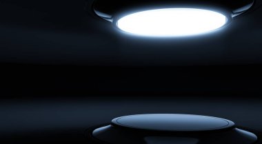 Soyut modern koyu renkli, zarif mavi iç mekan. Ürün sergisi için podyum. Eğimli sahne tasarımı fütüristik arka plan. 3d hazırlayıcı.