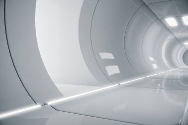 Soyut daire uzay gemisi koridoru. Işıklı geleceksel tünel. Geleceğin iç mimarisi, iş dünyası, bilim kurgu konsepti. 3d oluşturma