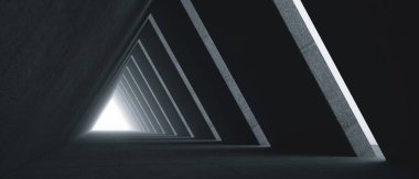 Boş Uzun Işık Koridoru. Modern beton arka plan. Geleceğin bilim kurgu üçgeni tüneli. 3B Hazırlama