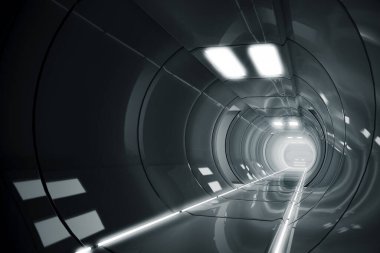 Soyut daire uzay gemisi koridoru. Işıklı geleceksel tünel. Geleceğin iç mimarisi, iş dünyası, bilim kurgu konsepti. 3d oluşturma