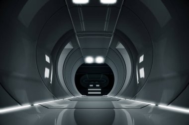 Soyut daire uzay gemisi koridoru. Işıklı geleceksel tünel. Geleceğin iç mimarisi, iş dünyası, bilim kurgu konsepti. 3d oluşturma