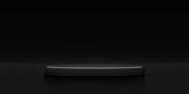 Arka planda minimum ürün standı var. Siyah stüdyoda sunumlar için silindir şekilli podyum. 3 Boyutlu Hazırlama.