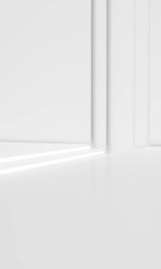 Parlak ışıklı arka planı olan modern beyaz duvar. Soyut Gelecek Tasarımı. 3d Hazırlama