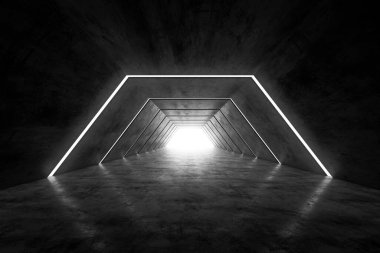 Soyut fütüristik karanlık koridor iç tasarımı. Işık arka planlı gelecek konsept tüneli. 3B görüntüleme.